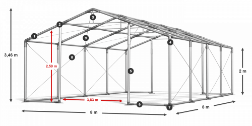 Párty stan 8x8x2m střecha PVC 620g/m2 boky PVC 620g/m2 konstrukce ZIMA PLUS