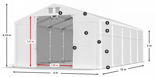 Skladový stan 4x10x3m střecha PVC 580g/m2 boky PVC 500g/m2 konstrukce POLÁRNÍ PLUS