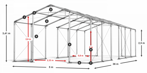 Skladový stan celoroční 5x36x2,5m nehořlavá plachta PVC 600g/m2 konstrukce ZIMA PLUS