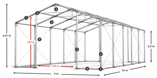Skladový stan 5x10x2,5m střecha PVC 620g/m2 boky PVC 620g/m2 konstrukce ZIMA PLUS
