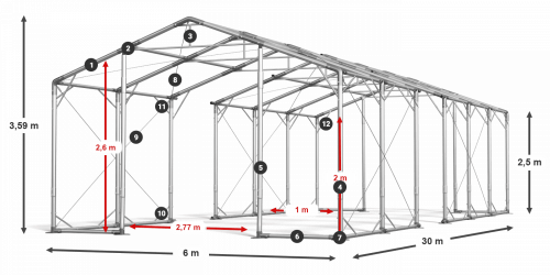 Skladový stan celoročný 6x30x2,5m nehorľavá plachta PVC 600g/m2 konštrukcia POLÁRNA