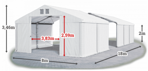Skladový stan 8x18x2m střecha PVC 560g/m2 boky PVC 500g/m2 konstrukce ZIMA PLUS