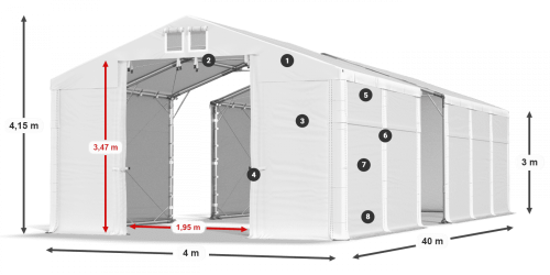 Skladový stan 4x40x3m strecha PVC 620g/m2 boky PVC 620g/m2 konštrukcia POLÁRNA Skladový stan 4x40x3m strecha PVC 620g/m2 boky PVC 620g/m2 konštrukcia POLÁRNA