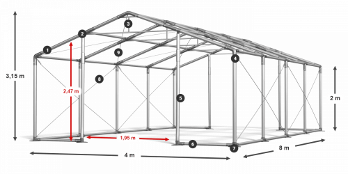 Párty stan 4x8x2m střecha PVC 620g/m2 boky PVC 620g/m2 konstrukce ZIMA PLUS