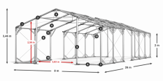 Skladový stan 8x26x2m střecha PVC 620g/m2 boky PVC 620g/m2 konstrukce POLÁRNÍ PLUS