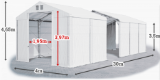 Skladový stan 4x30x3,5m střecha PVC 620g/m2 boky PVC 620g/m2 konstrukce POLÁRNÍ PLUS