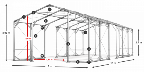 Skladový stan 8x16x2,5m strecha PVC 620g/m2 boky PVC 620g/m2 konštrukcia POLÁRNA PLUS