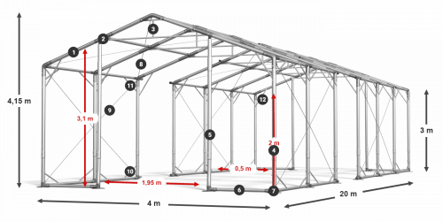 Skladový stan celoroční 4x20x3m nehořlavá plachta PVC 600g/m2 konstrukce POLÁRNÍ