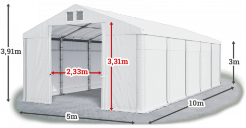 Garážový stan 5x10x3m střecha PVC 560g/m2 boky PVC 500g/m2 konstrukce ZIMA - Barva střešní plachty: Šedá, Barva boční plachty: Zelená, Barva svislých pruhů: Bílá