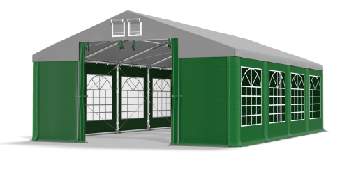 Párty stan 4x10x2,5m střecha PVC 580g/m2 boky PVC 500g/m2 konstrukce ZIMA PLUS - Barva střešní plachty: Šedá, Barva boční plachty: Zelená, Barva svislých pruhů: Zelená
