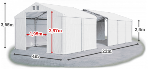 Skladový stan 4x22x2,5m střecha PVC 560g/m2 boky PVC 500g/m2 konstrukce POLÁRNÍ