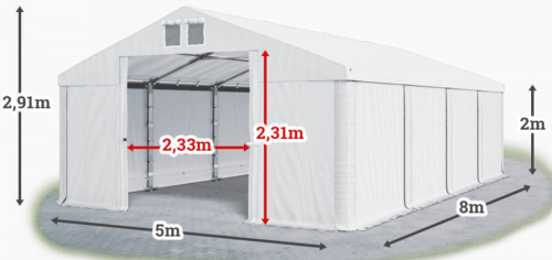 Garážový stan 5x8x2m střecha PVC 560g/m2 boky PVC 500g/m2 konstrukce ZIMA - Barva střešní plachty: Zelená, Barva boční plachty: Šedá, Barva svislých pruhů: Červená