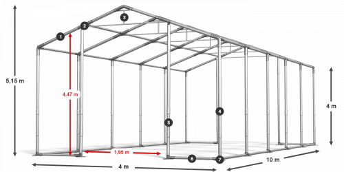Skladový stan 4x10x4m střecha PVC 580g/m2 boky PVC 500g/m2 konstrukce ZIMA
