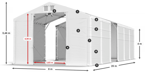 Skladový stan 8x20x4m strecha PVC 620g/m2 boky PVC 620g/m2 konštrukcia POLÁRNA PLUS