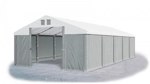 Garážový stan 8x8x4m střecha PVC 560g/m2 boky PVC 500g/m2 konstrukce ZIMA - Barva střešní plachty: Bílá, Barva boční plachty: Šedá, Barva svislých pruhů: Šedá