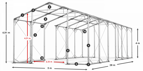 Skladový stan 5x28x4m strecha PVC 580g/m2 boky PVC 500g/m2 konštrukcia POLÁRNA