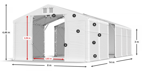 Skladový stan 8x14x3m střecha PVC 620g/m2 boky PVC 620g/m2 konstrukce POLÁRNÍ PLUS