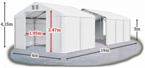 Skladový stan 4x19x3m strecha PVC 580g/m2 boky PVC 500g/m2 konštrukcia POLÁRNA PLUS