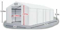 Skladový stan 4x9x2,5m střecha PVC 580g/m2 boky PVC 500g/m2 konstrukce ZIMA