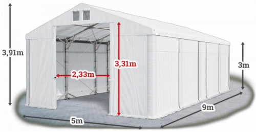 Skladový stan 5x9x3m strecha PVC 580g/m2 boky PVC 500g/m2 konštrukcia POLÁRNA PLUS