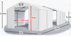Skladový stan 5x28x2,5m strecha PVC 620g/m2 boky PVC 620g/m2 konštrukcia ZIMA PLUS