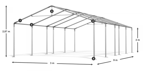 Párty stan 3x9x2m střecha PE 240g/m2 boky PE 240g/m2 konstrukce LÉTO - Barva střešní plachty: Bílá, Barva boční plachty: Bílá, Barva svislých pruhů: Modrá