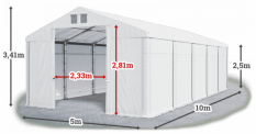 Skladový stan 5x10x2,5m střecha PVC 560g/m2 boky PVC 500g/m2 konstrukce ZIMA
