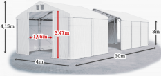 Skladový stan 4x30x3m střecha PVC 620g/m2 boky PVC 620g/m2 konstrukce POLÁRNÍ