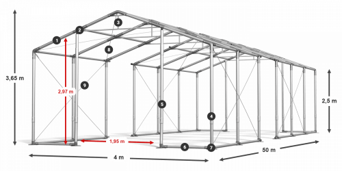 Párty stan 4x50x2,5m strecha PVC 620g/m2 boky PVC 620g/m2 konštrukcia ZIMA PLUS