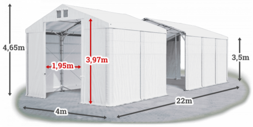 Skladový stan 4x22x3,5m střecha PVC 560g/m2 boky PVC 500g/m2 konstrukce POLÁRNÍ PLUS