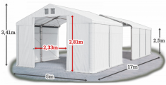 Skladový stan 5x17x2,5m střecha PVC 580g/m2 boky PVC 500g/m2 konstrukce ZIMA PLUS