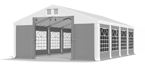 Párty stan 4x10x2,5m střecha PVC 580g/m2 boky PVC 500g/m2 konstrukce ZIMA PLUS - Barva střešní plachty: Bílá, Barva boční plachty: Šedá, Barva svislých pruhů: Bílá