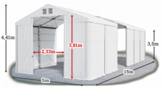 Skladový stan 5x15x3,5m střecha PVC 580g/m2 boky PVC 500g/m2 konstrukce ZIMA PLUS
