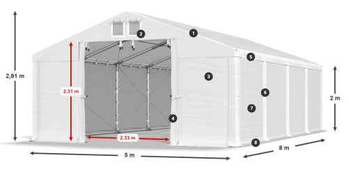 Skladový stan 5x8x2m střecha PVC 620g/m2 boky PVC 620g/m2 konstrukce ZIMA PLUS