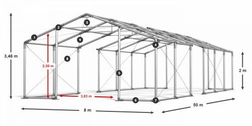 Skladový stan 8x50x2m strecha PVC 620g/m2 boky PVC 620g/m2 konštrukcia ZIMA PLUS
