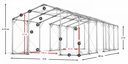 Skladový stan celoroční 4x48x3m nehořlavá plachta PVC 600g/m2 konstrukce POLÁRNÍ