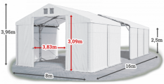 Skladový stan 8x16x2,5m strecha PVC 560g/m2 boky PVC 500g/m2 konštrukcia POLÁRNA PLUS