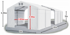 Skladový stan 8x18x3m střecha PVC 620g/m2 boky PVC 620g/m2 konstrukce POLÁRNÍ