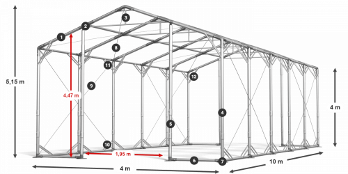 Skladový stan 4x10x4m střecha PVC 580g/m2 boky PVC 500g/m2 konstrukce POLÁRNÍ PLUS