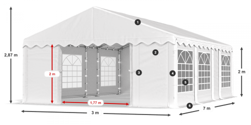 Párty stan 3x7x2m střecha PE 240g/m2 boky PE 240g/m2 konstrukce LÉTO - Barva střešní plachty: Bílá, Barva boční plachty: Ekru, Barva svislých pruhů: Zelená