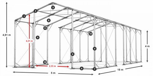 Skladový stan 5x18x4m strecha PVC 580g/m2 boky PVC 500g/m2 konštrukcia POLÁRNA