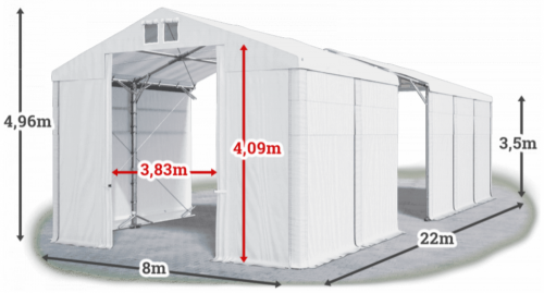 Skladový stan 8x22x3,5m střecha PVC 560g/m2 boky PVC 500g/m2 konstrukce POLÁRNÍ PLUS