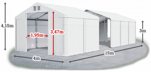 Skladový stan 4x15x3m strecha PVC 580g/m2 boky PVC 500g/m2 konštrukcia ZIMA