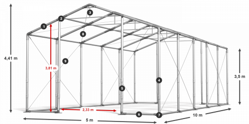 Párty stan 5x10x3,5m střecha PVC 560g/m2 boky PVC 500g/m2 konstrukce ZIMA PLUS