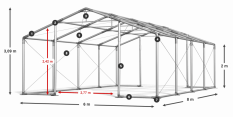 Párty stan 6x8x2m strecha PVC 620g/m2 boky PVC 620g/m2 konštrukcia ZIMA PLUS