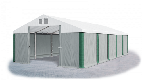 Garážový stan 4x8x2,5m střecha PVC 560g/m2 boky PVC 500g/m2 konstrukce ZIMA - Barva střešní plachty: Bílá, Barva boční plachty: Šedá, Barva svislých pruhů: Zelená