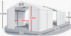 Skladový stan 5x30x2,5m strecha PVC 620g/m2 boky PVC 620g/m2 konštrukcia ZIMA PLUS