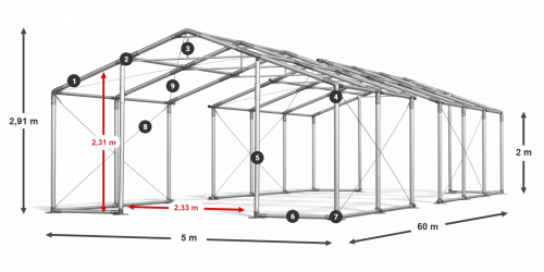 Párty stan 5x60x2m strecha PVC 560g/m2 boky PVC 500g/m2 konštrukcia ZIMA PLUS
