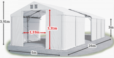 Skladový stan 5x26x3m střecha PVC 560g/m2 boky PVC 500g/m2 konstrukce POLÁRNÍ PLUS