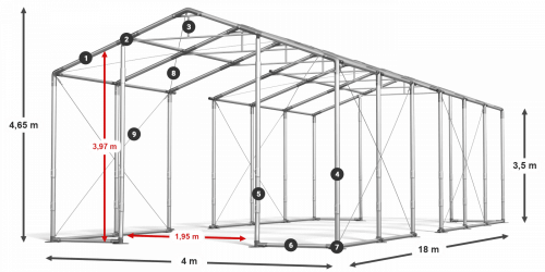 Párty stan 4x18x3,5m strecha PVC 620g/m2 boky PVC 620g/m2 konštrukcia ZIMA PLUS